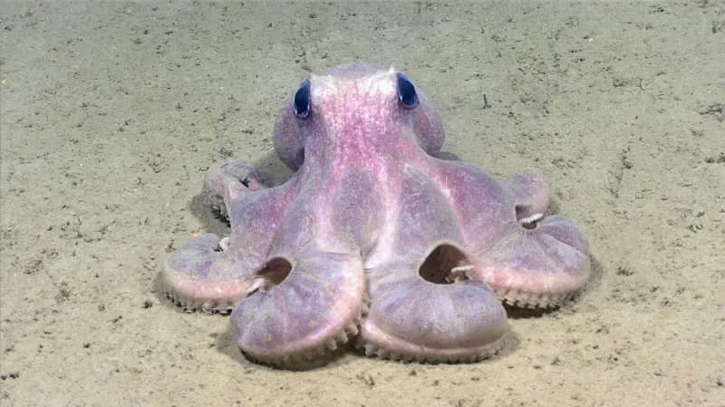 A pale lilac octopus sitting on a flat, sandy seabed